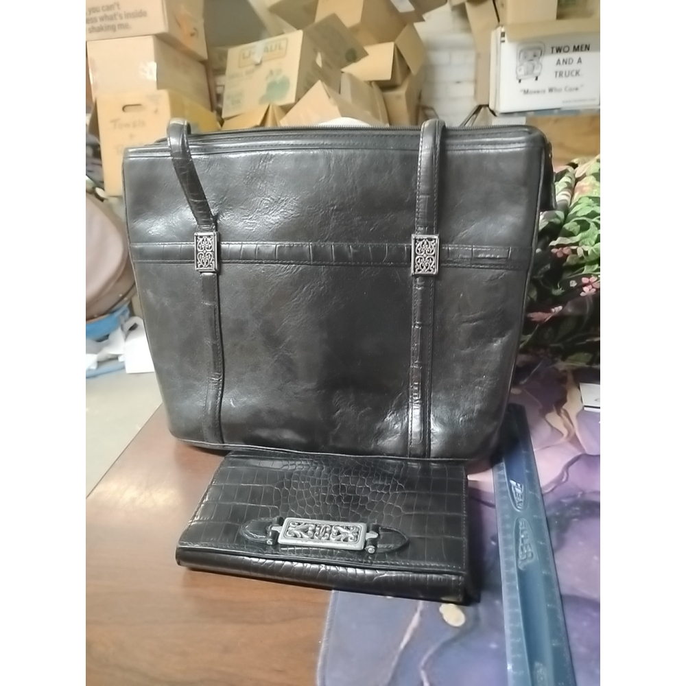 Brighton Black Leather Double Handle Zipper Satchel Shoulder Bag & Wallet
